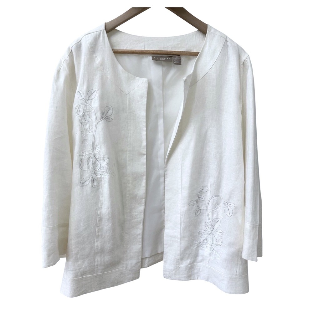 Kim Rogers Woman Jacket 2X White Linen Floral Embroidered Open‎ Front Lined